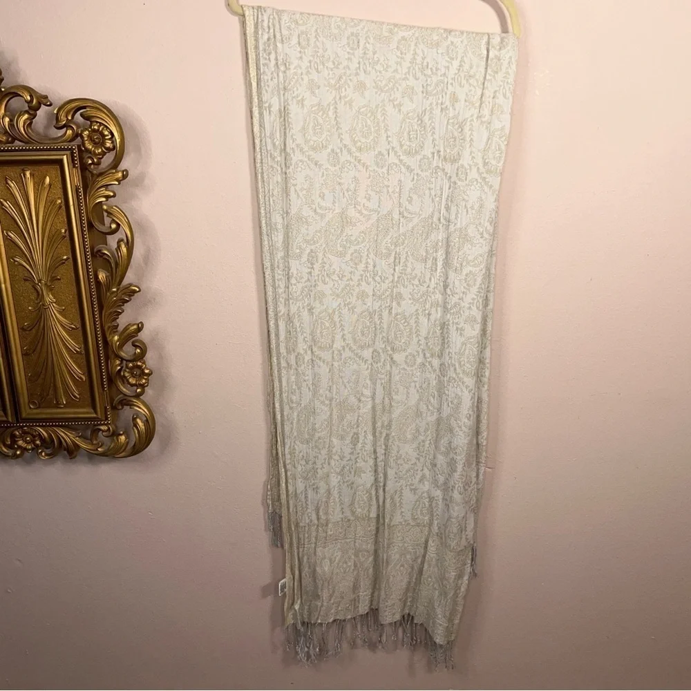 Ivory Cream Scarf Paisley Floral Fringe Accent Wrap Made In India Boho Bohemian